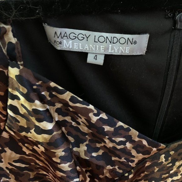 Maggy London Dress, Brown, black & gold print, Size 4, Under knee, All lining.LN - Picture 2 of 13